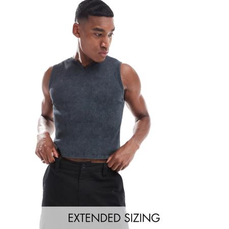 ASOS DESIGN - Muscle fit geribbeld tankhemd met wassing-Grijs