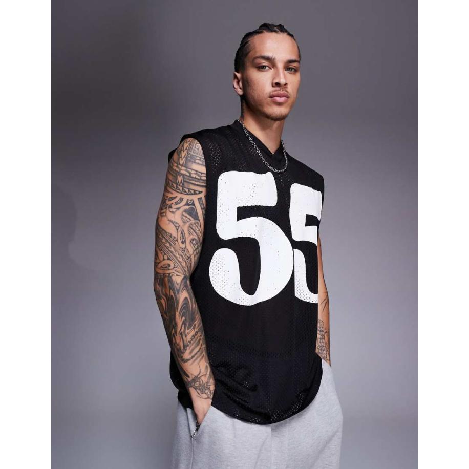 ASOS DESIGN - Oversized tanktop van mesh met sportieve print in zwart Zwart