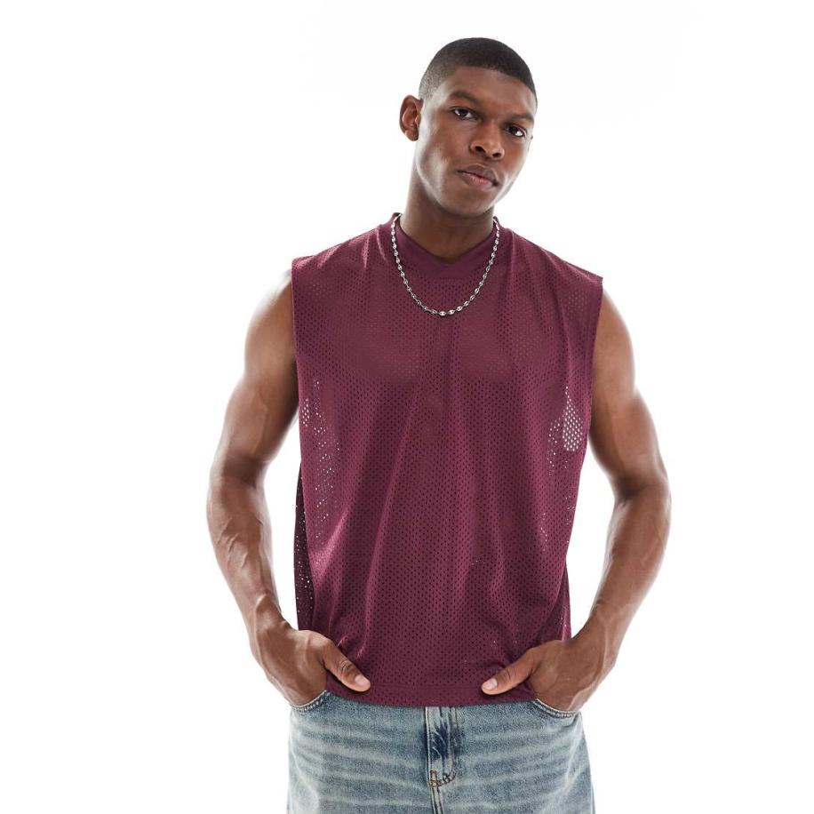 ASOS DESIGN - Rechte oversized tanktop van mesh in bordeauxrood Rood