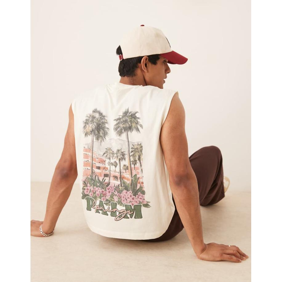 ASOS DESIGN - Oversized tanktop met palmboomprint op de achterkant in tofu-Wit Wit