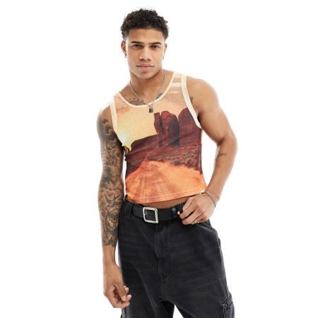 ASOS DESIGN - Muscle fit hemdje bedekt met landschapsprint-Oranje