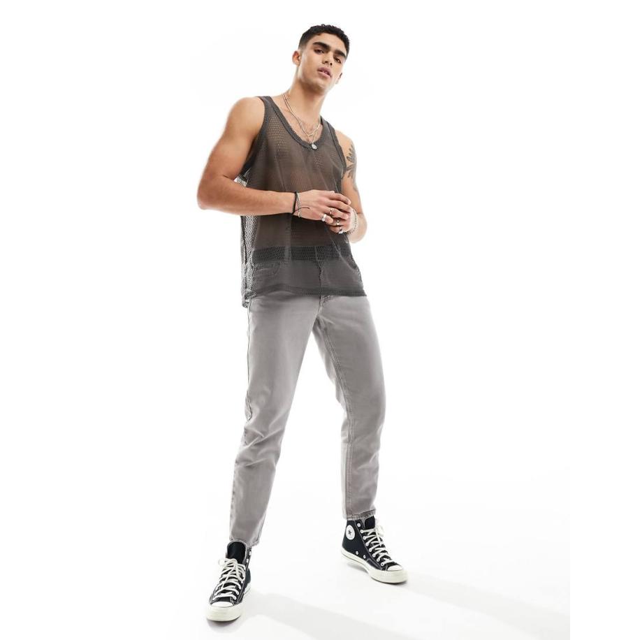 ASOS DESIGN - Ruimvallend hemdje met lage ronde hals van open mesh in grijs Grijs