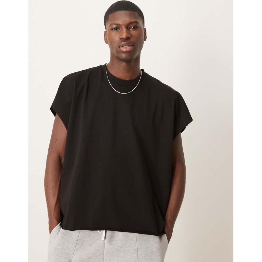 ASOS DESIGN - Extreem oversized cropped T-shirt van zware stof zonder mouwen met onafgewerkte rand in zwart Zwart
