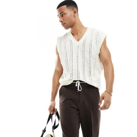 ASOS DESIGN - Ajourgebreid hemdje met V-hals in wit