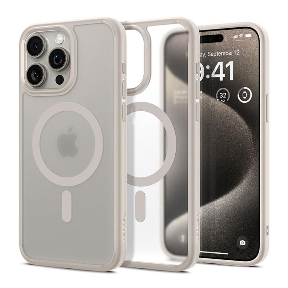 Spigen Ultra Hybrid Backcover MagSafe voor de Apple iPhone 15 Pro Max - Frost Natural Titanium Transparant