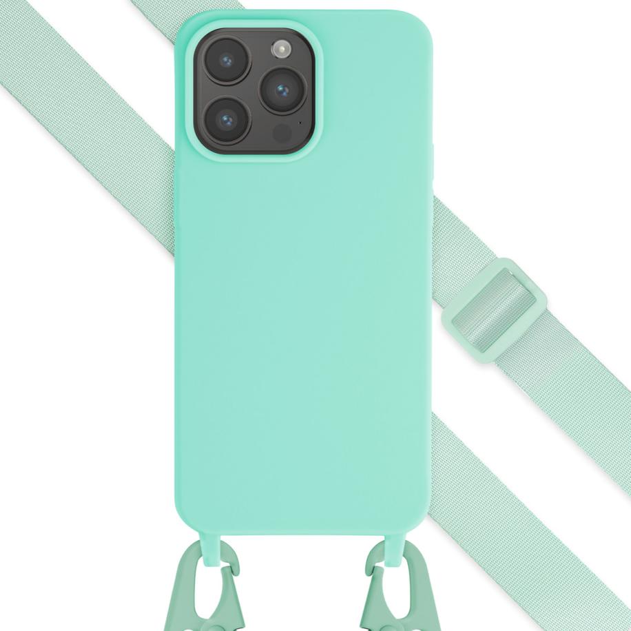 Selencia Siliconen hoesje met afneembaar koord voor de Apple iPhone 15 Pro Max - Turquoise Blauw