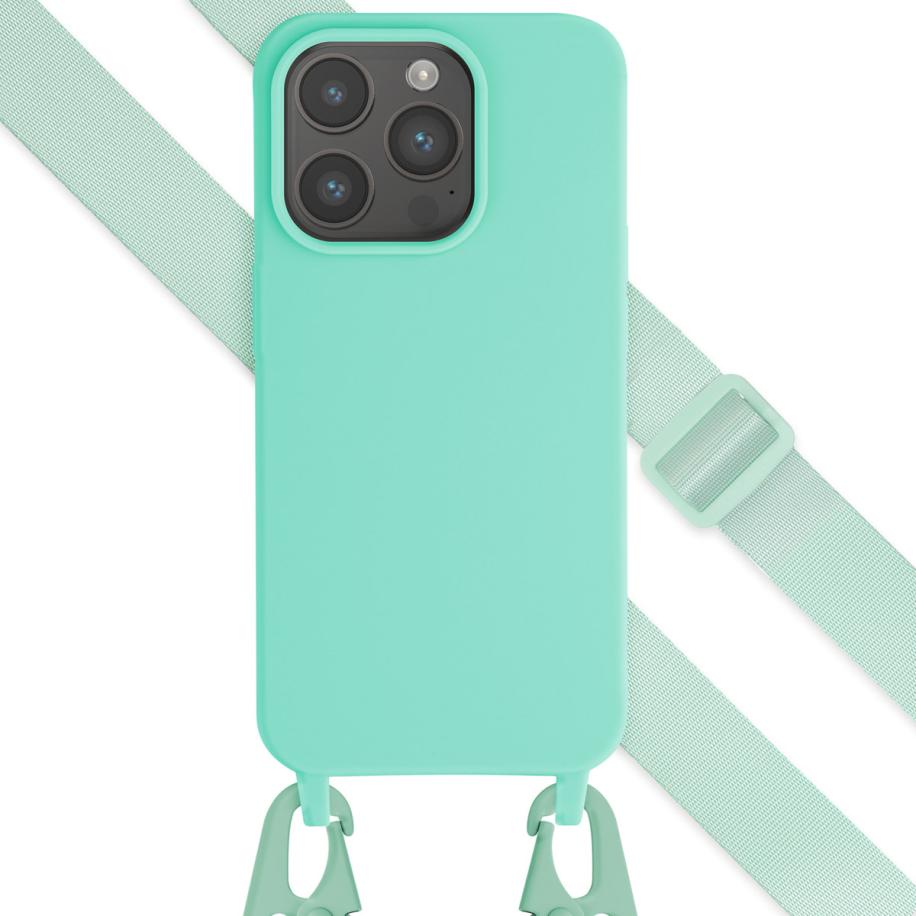 Selencia Siliconen hoesje met afneembaar koord voor de Apple iPhone 15 Pro - Turquoise Blauw