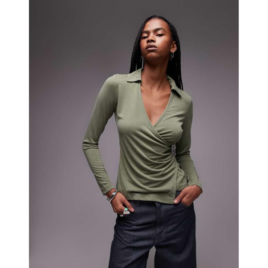 Topshop Cupro overslagtop met lange mouwen in groen Groen