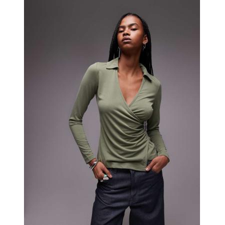 Topshop Cupro overslagtop met lange mouwen in groen