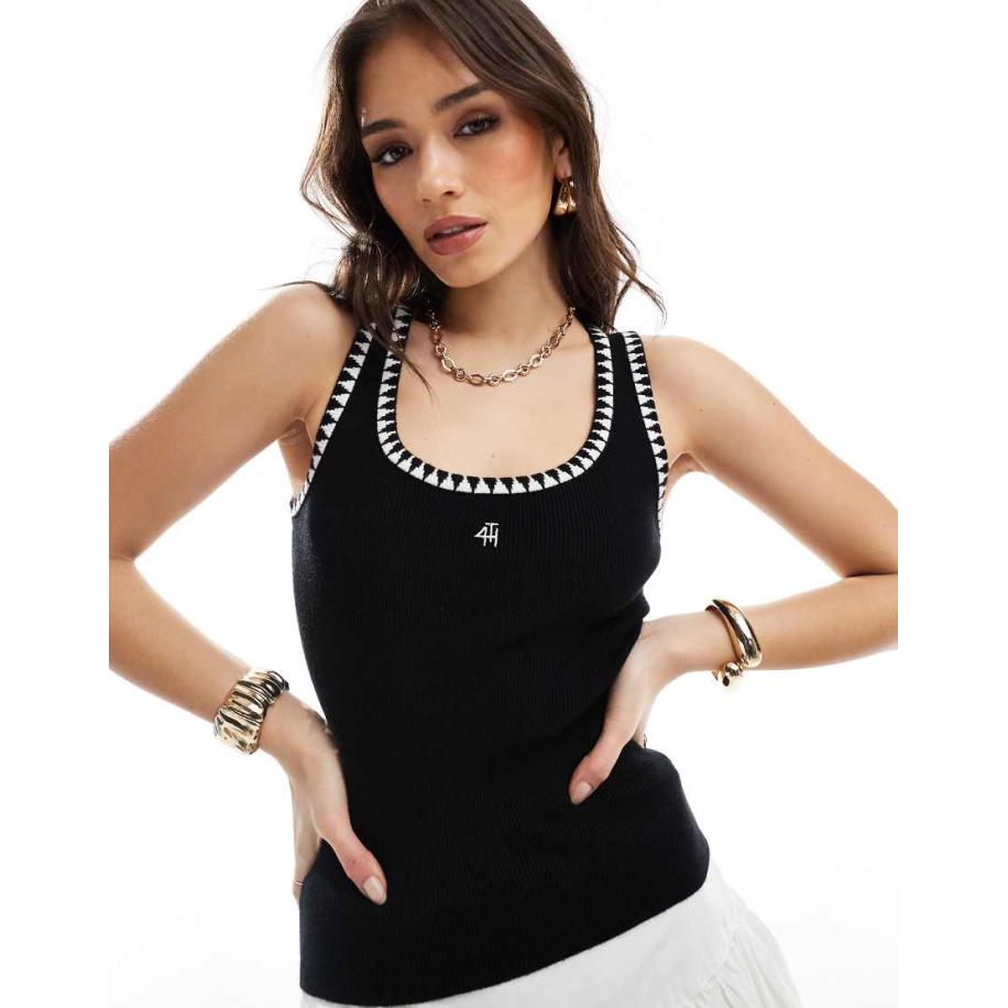 4th & Reckless Geribbelde tanktop met lage ronde hals en contrasterende stiksels en logo in zwart Zwart