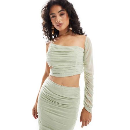 ASOS DESIGN Top van gerimpeld chiffon in saliegroen, deel van co-ord set