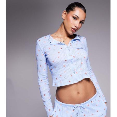 Kaiia Exclusive Ajourgebreide pyjamatop met knoopjes en fijne bloemenprint in babyblauw, deel van co-ord set