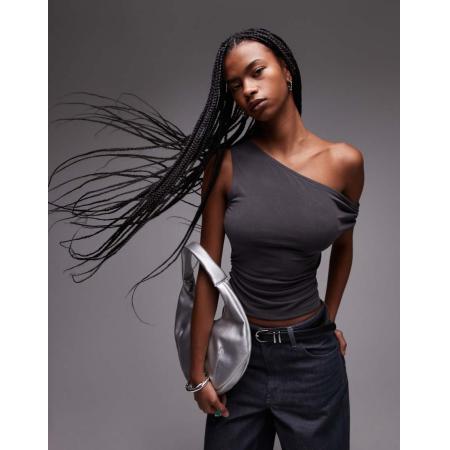 Topshop Top van gladde stof met gerimpelde zijkant in antracietgrijs