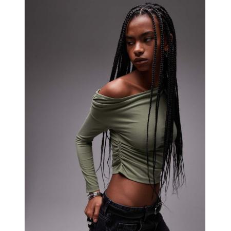 Topshop Top van gladde stof met lange mouwen en gerimpelde zijkant in groen