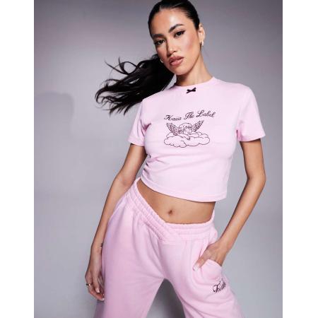 Kaiia Baby-T-shirt met strikje en engel- en logodetail in roze en bordeauxrood, deel van co-ord set