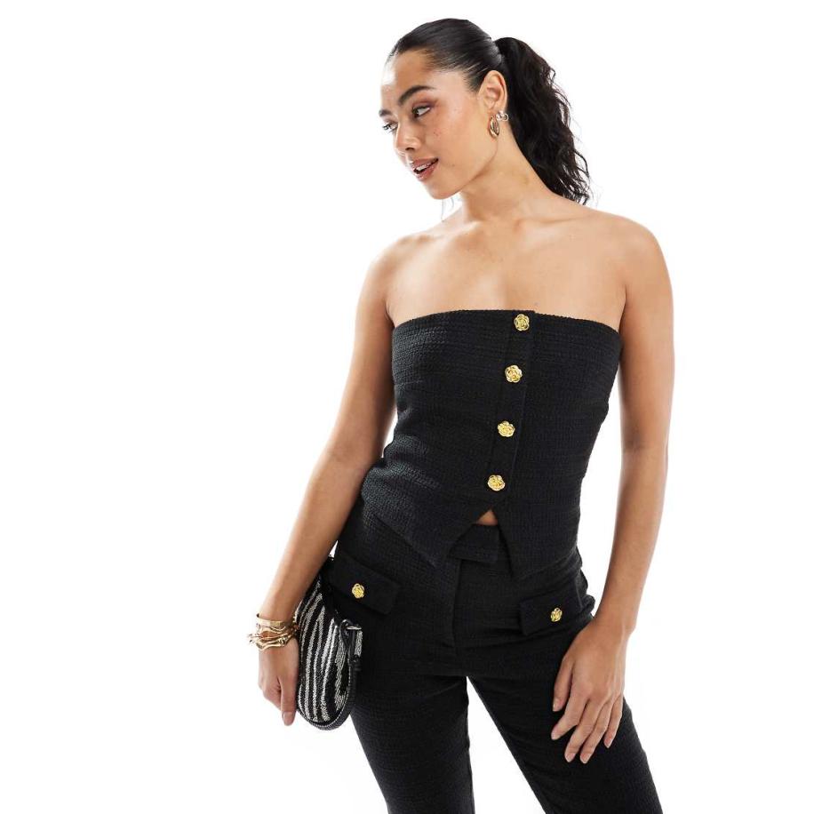 The Frolic Exclusives Elegante bouclé bandeautop met split aan de voorkant en goudkleurige bloemknopen in zwart, deel van co-ord set Zwart