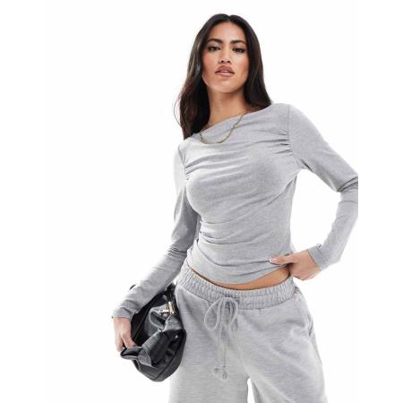 Miss Selfridge Zachte gerimpelde top met lange mouwen in gemêleerd grijs, deel van co-ord set