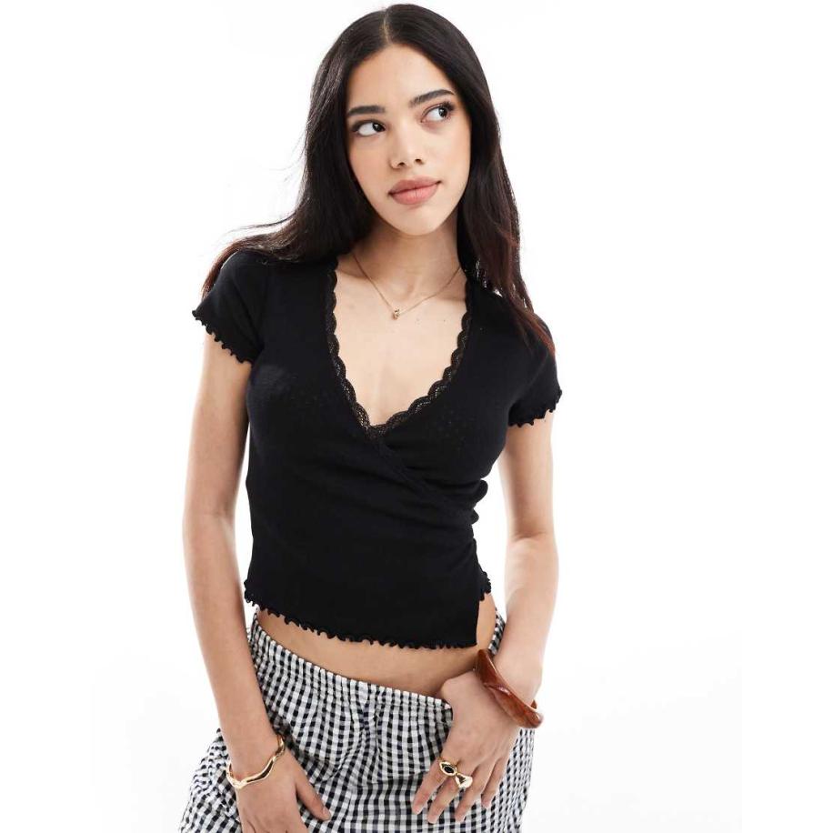 Miss Selfridge Ajourgebreide top met overslag in zwart-Veelkleurig Multicolor