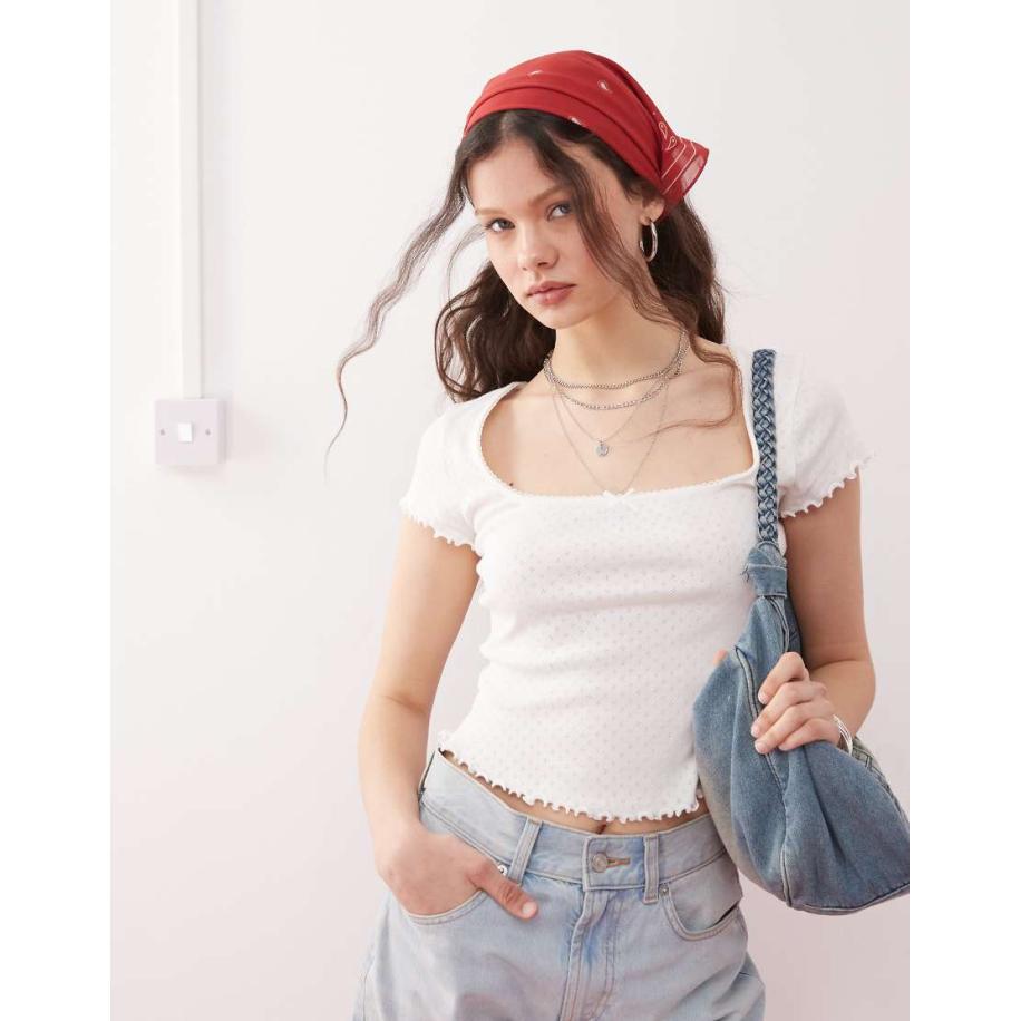 Miss Selfridge Ajourgebreid T-shirt met vierkante hals en kanten rand in wit-Veelkleurig Multicolor