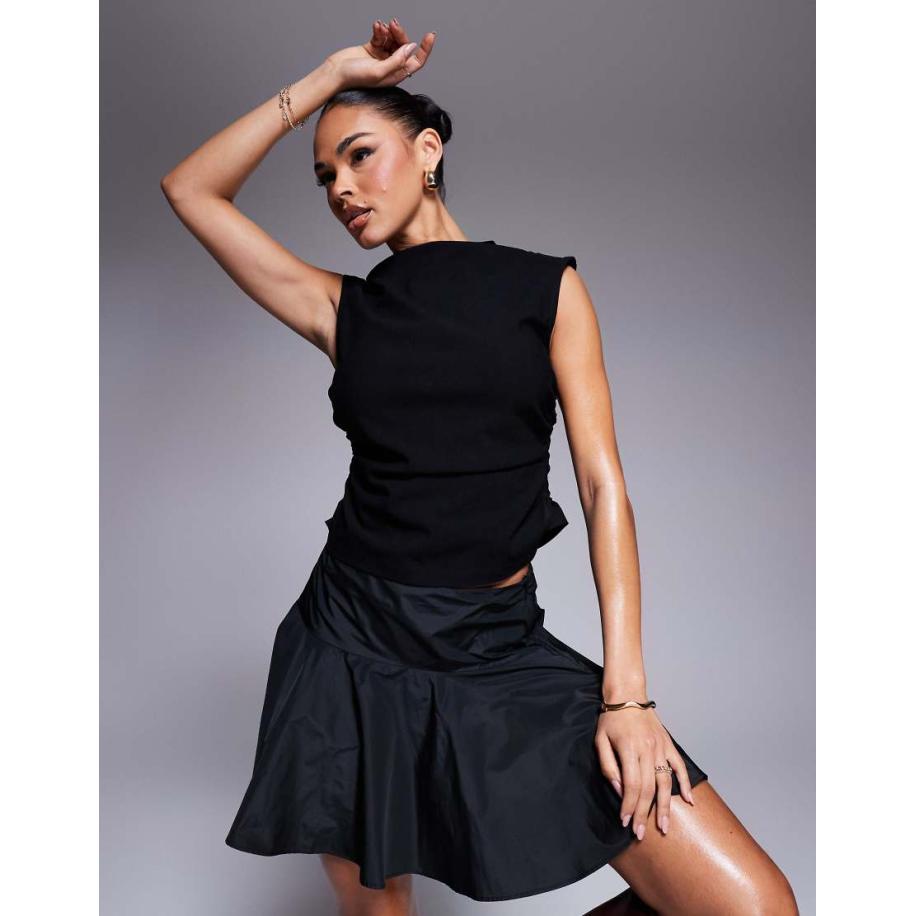 ASOS DESIGN Superzachte geborstelde hoogsluitende aangerimpelde top in gemêleerd grijs-Zwart Zwart