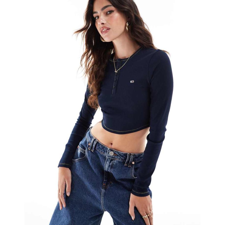 Tommy Jeans Henley top met lange mouwen in marineblauw Blauw