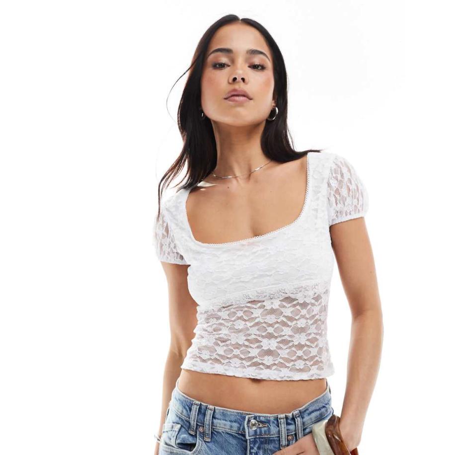 Miss Selfridge Top van kant met kapmouwtjes en strikdetail in wit-Veelkleurig Multicolor