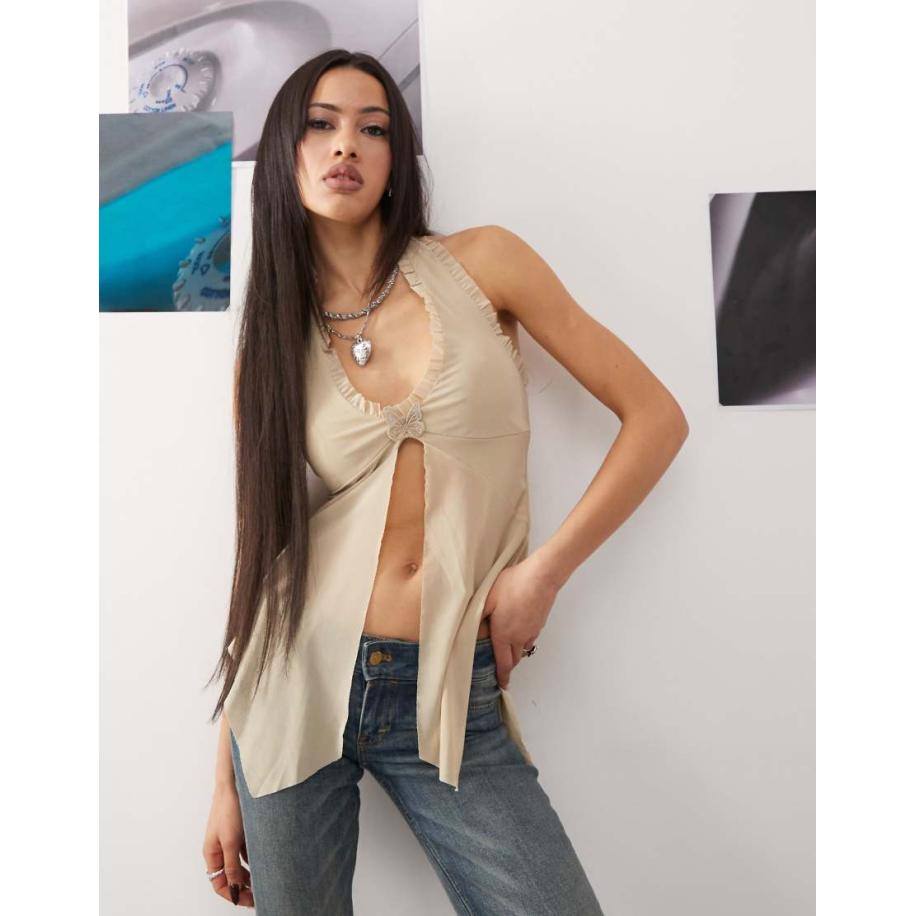 Princess Polly Top in vlindermodel met halternek, ruches aan de rand en split aan de voorkant in beige-Neutraal Multicolor