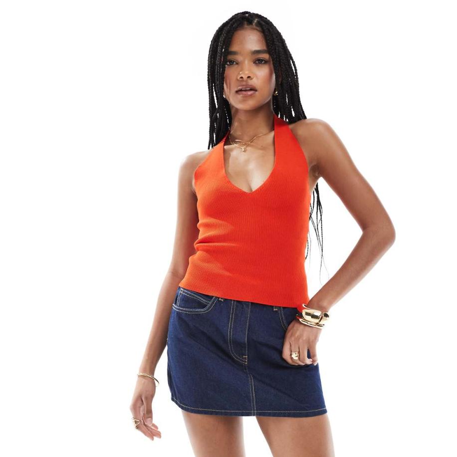 Pimkie Fijngebreide top met halternek en V-hals in rood Rood