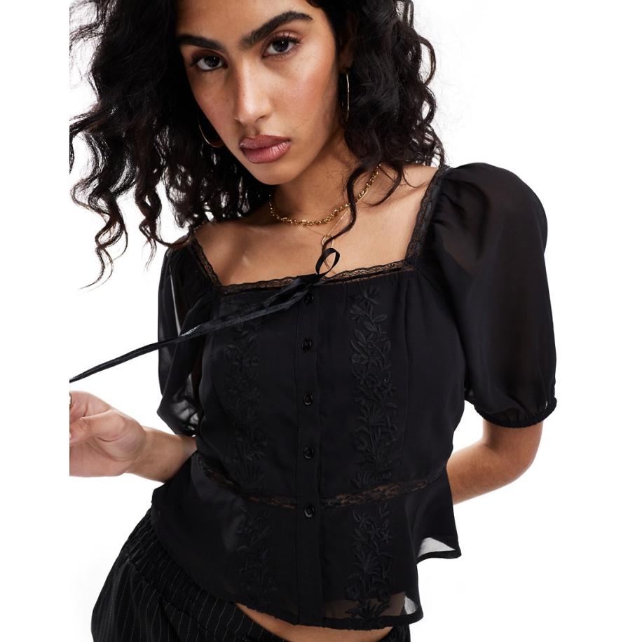 Miss Selfridge Geborduurde prairie-blouse van chiffon in zwart Zwart