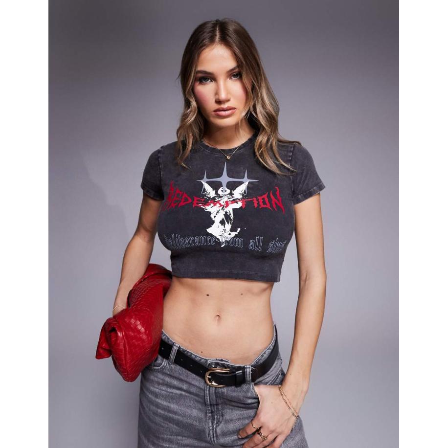 Liquor N Poker Cropped T-shirt met motief en acid wash in grijs Grijs