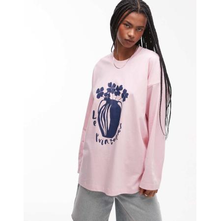 Topshop Skatertop met grafische Le Printemps-print en lange mouwen in roze