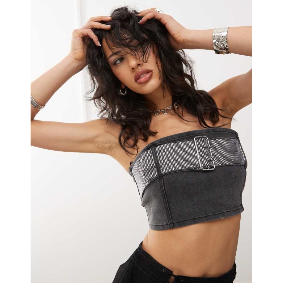Monki Denim crop bandeau-top met riemdetail in zwart met wassing Zwart