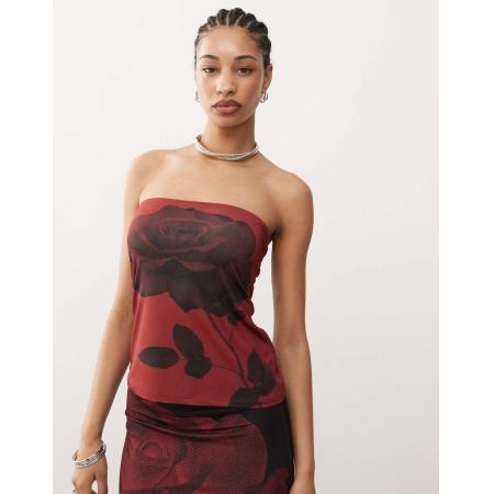 COLLUSION Bandeau-top met vierkante hals en bloesemprint in rood, deel van co-ord set