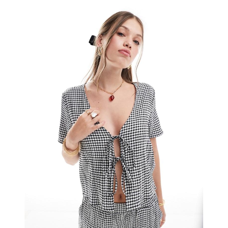 JDY Top met gingham ruit en gestrikte voorkant, deel van co-ord set-Zwart Zwart