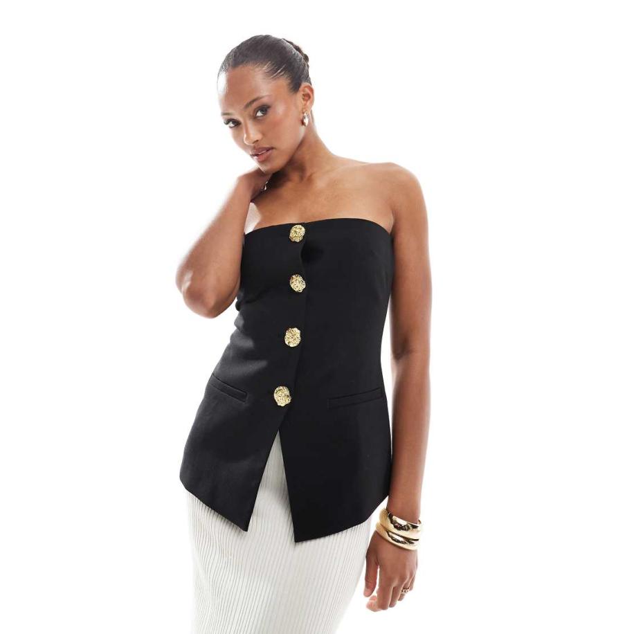 4th & Reckless Elegante bandeautop met split en gouden knopen in zwart, deel van co-ord set Zwart