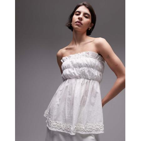 SNDYS Top van linnenmix met lange pasvorm, bandeau en bloemen in wit, deel van co-ord set