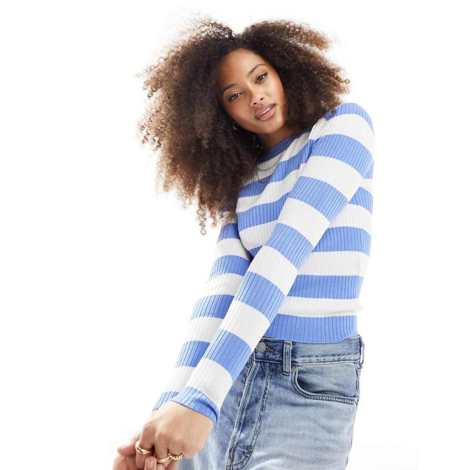 JDY Geribbelde top met lange mouwen in wit met blauwe strepen-Veelkleurig Multicolor