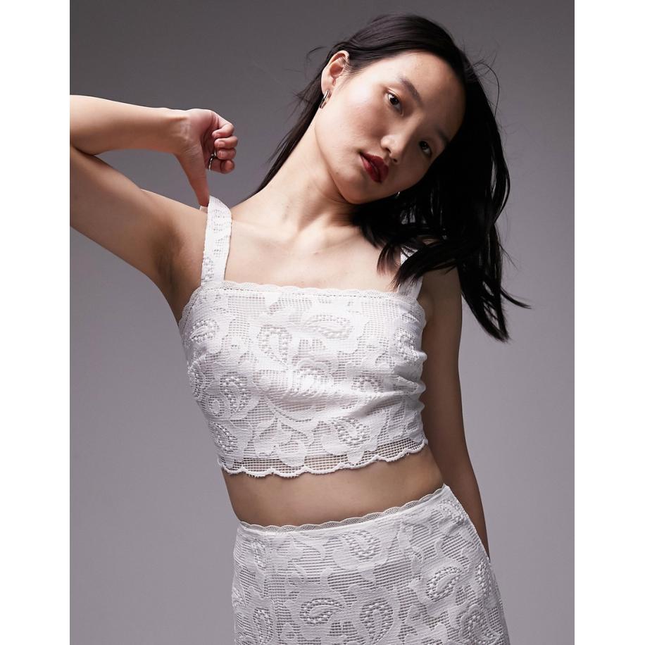 Topshop Crop top met kanten detail in ivoorwit, deel van co-ord set Wit
