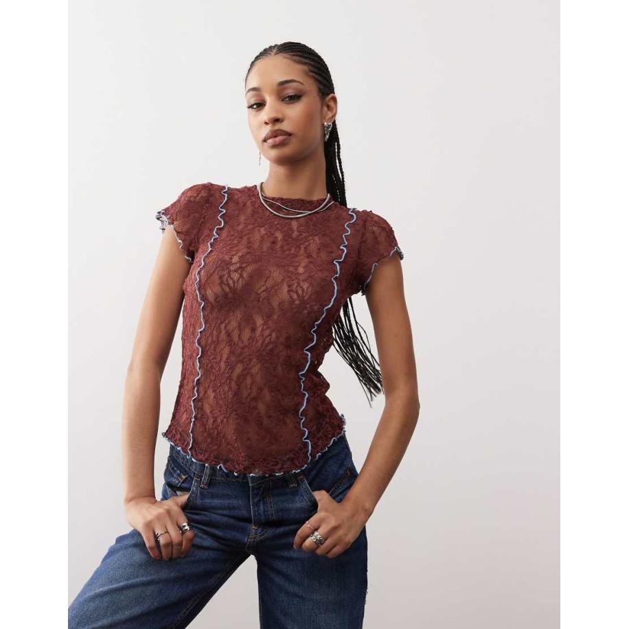 COLLUSION Top van kant met kapmouwtjes in bruin met contrasterende blauwe naad Bruin