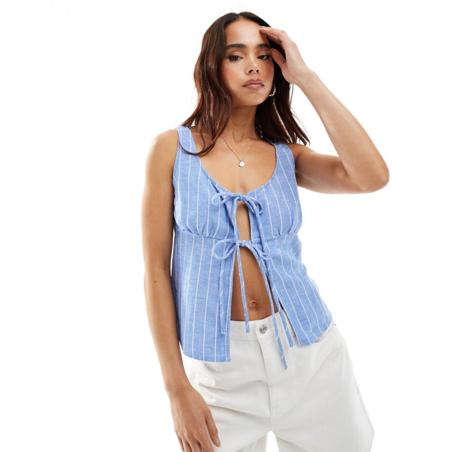 Stradivarius STR Rustieke gestreepte melkmeisjestop in blauw Blauw