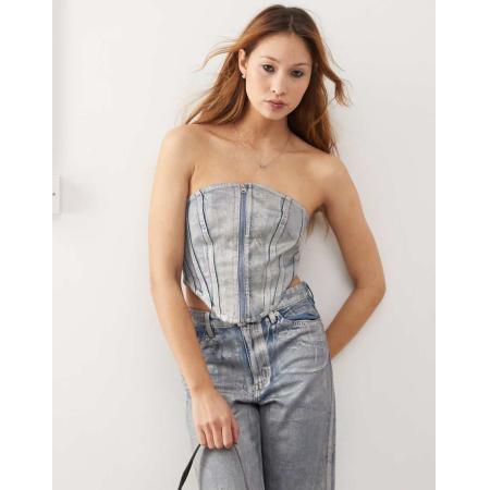 Monki Denim korsettop met holografische wassing, deel van co-ord set-Blauw