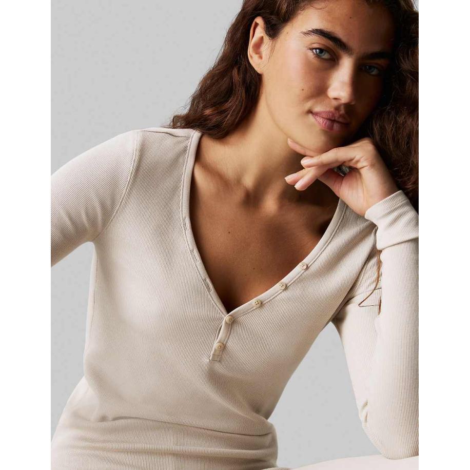 Calvin Klein Modern Set van geribbelde loungeset met henley top met knopen en legging in beige-Neutraal Multicolor