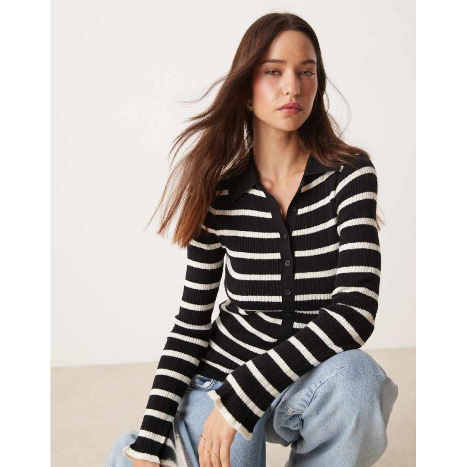 Nobody's Child Ribgebreide gestreepte top met knoopsluiting-Zwart Zwart