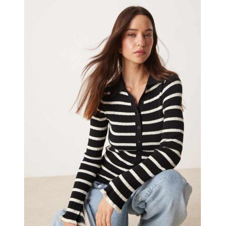 Nobody's Child Ribgebreide gestreepte top met knoopsluiting-Zwart