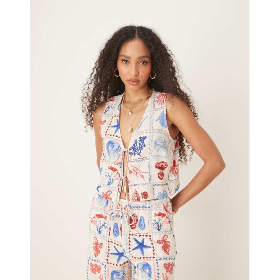 Nobody's Child Thandy Crop top van linnenmix met schelpen- en tegelprint, deel van co-ord set-Veelkleurig Multicolor