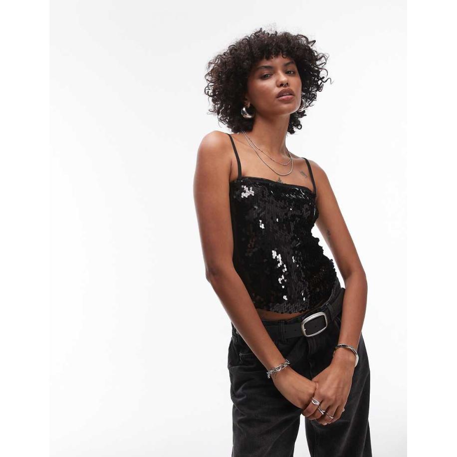 Topshop Cami met lovertjes in zwart Zwart