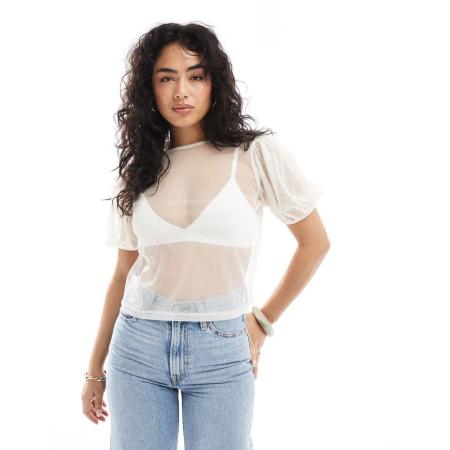 ASOS DESIGN Recht T-shirt met tule en pofmouwen in wit