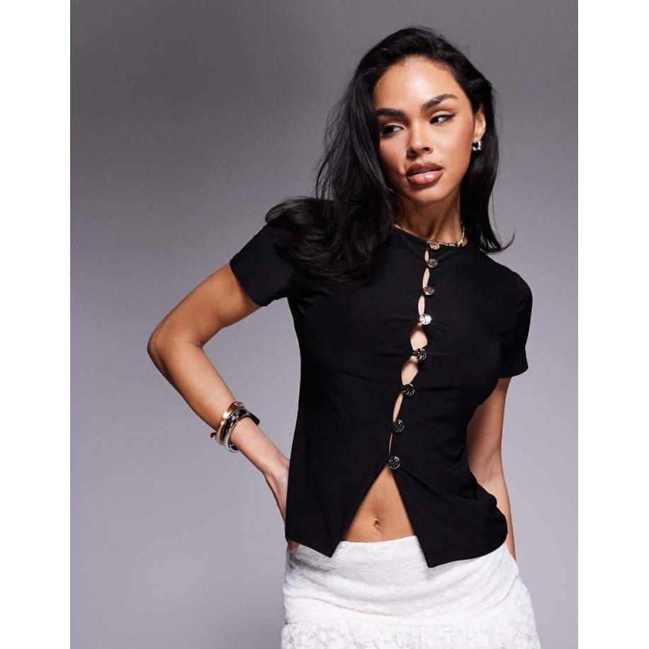 Fashionkilla Top van gladde stof met knoopsluiting in zwart Zwart