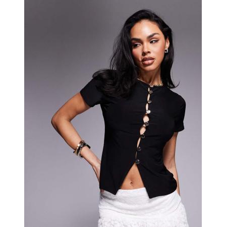 Fashionkilla Top van gladde stof met knoopsluiting in zwart