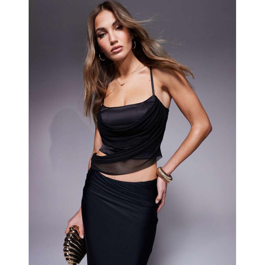 ASOS DESIGN Gedrapeerde camitop van mesh en satijn in zwart Zwart